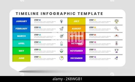 Infographic design template. Timeline concept with 12 steps. Can be used for workflow layout, diagram, banner, webdesign. Vector illustration Stock Vector