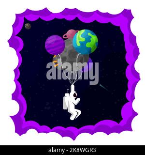 Astronaut in space. Planets and inflatable balloons. Vector illustration Stock Vector