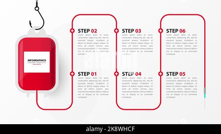 Infographic design template. Blood donation concept with 6 steps. Can be used for workflow layout, diagram, banner, webdesign. Vector illustration Stock Vector