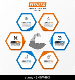 Infographic design template. Fitness concept with 6 steps. Can be used for workflow layout, diagram, banner, webdesign. Vector illustration Stock Vector