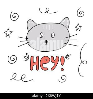 funny postcard with a gray cat and the word hey Stock Vector