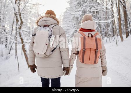 Back view portrait of adult couple with backpacks enjoying walk in winter forest and holding hands Stock Photo