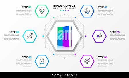 Infographic template with icons and 6 options or steps. Book. Can be used for workflow layout, diagram, banner, webdesign. Vector illustration Stock Vector