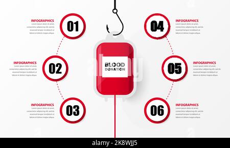 Infographic design template. Blood donation with 6 steps. Can be used for workflow layout, diagram, banner, webdesign. Vector illustration Stock Vector