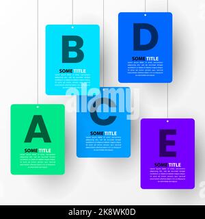 Infographic template with 5 options or steps. Hanging rectangles. Can be used for workflow layout, diagram, banner, webdesign. Vector illustration Stock Vector