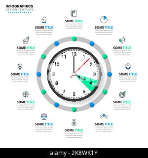 Infographic template with icons and 12 options or steps. Clock. Can be used for workflow layout, diagram, banner, webdesign. Vector illustration Stock Vector