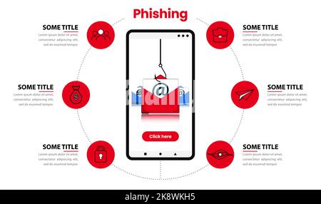 Infographic template with icons and 6 options or steps. Phishing. Can be used for workflow layout, diagram, banner, webdesign. Vector illustration Stock Vector