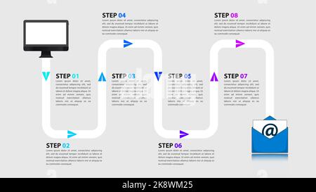 Infographic template with 8 options or steps. Mailing process. Can be used for workflow layout, diagram, banner, webdesign. Vector illustration Stock Vector