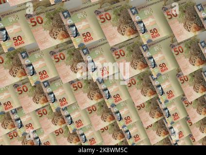 Official Money of Brazil, Real Currency. Money, reais, fifty reais bills in close-up. Stock Photo