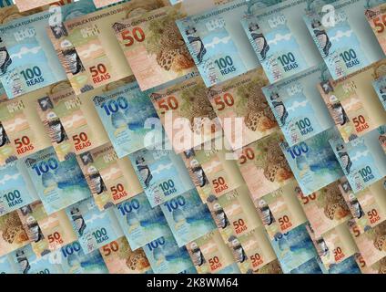 Official Money of Brazil, Real Currency. Money, reais, hundred reais and fifty reais bills in close-up. Stock Photo