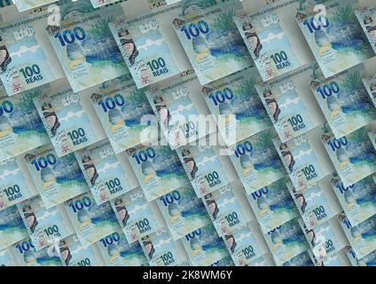 Official Money of Brazil, Real Currency. Money, reais, one hundred reais bills in close-up. Stock Photo