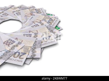 Official money of Brazil, Real Currency. Money, Reais, two hundred reais banknote in close-up. Stock Photo