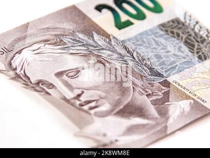 Official money of Brazil, Real Currency. Money, Reais, two hundred reais banknote in close-up. Stock Photo