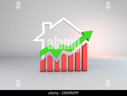 A 3D illustration of a graph, arrow and a house in finance Stock Photo