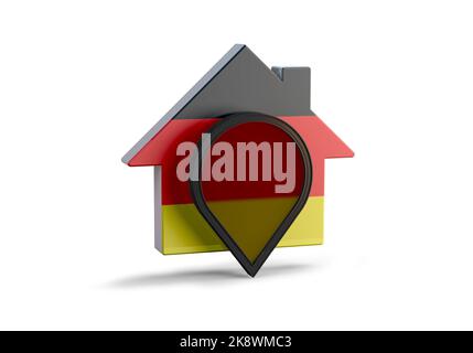 3D illustration of a house with the Germany flag and a location pin Stock Photo