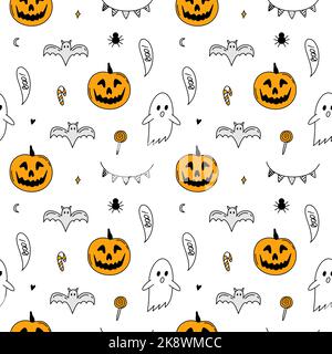 Halloween cartoon pattern doodle. Pumpkin, sweets, web, spider, garland. Cartoon elements isolated on white background. Endless, seamless pattern. Han Stock Vector