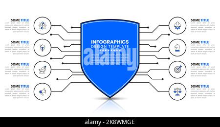 Infographic template with icons and 8 options or steps. Shield. Can be used for workflow layout, diagram, banner, webdesign. Vector illustration Stock Vector
