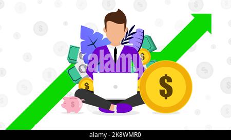 Money concept. Man sitting with computer and making money. Vector illustration Stock Vector