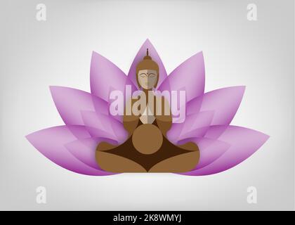 Sitting Buddha over lotus flower. Esoteric vector illustration. Vintage decorative culture background. Modern stylized drawing. Indian, Buddhism Stock Vector