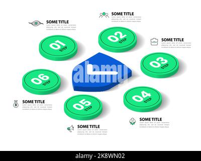 Infographic template with icons and 6 options or steps. Shield. Can be used for workflow layout, diagram, banner, webdesign. Vector illustration Stock Vector