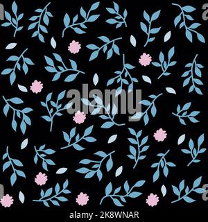 Seamless pattern with Isolated blue brunches, leaves and small abstract pink flowers on dark blue background. Stock Photo