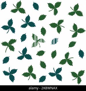 Seamless Repeat Pattern with Isolated Strawberry Green Leaves on White Background Stock Photo