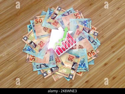 3D illustration of a House and Financial Charts and money around it. Brazilian money. Brazilian real. 50 and 100 reais banknotes from Brazil. Investme Stock Photo