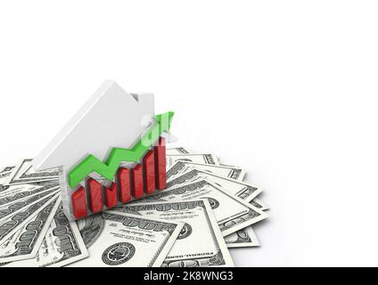 3D illustration of a House and Financial Charts and money around it. American money. American dollar. 100 dollars. Investment in real estate Stock Photo