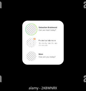 Incoming Messages Banner Illustration. Social Media UI Concept on Black Background. List of Three Users. Editable Names, Text and Users Profile Icon Avatars. Green Circle Around the First User Avatar. Web Element for Mobile App. Vector illustration Stock Vector