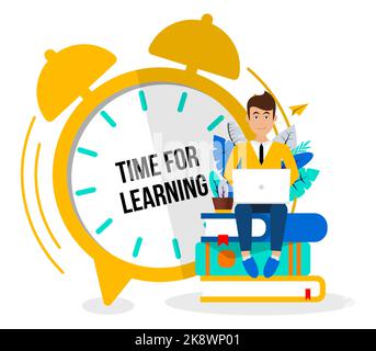 Alarm clock announcing time to study. Student with books. Vector illustration Stock Vector