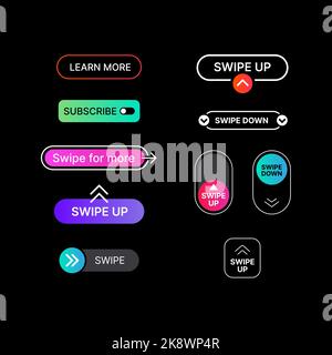 Big Set of Swipe Up, Swipe Down, Swipe for More, Learn More, Subscribe Illustrations. Social Media UI Concept in Minimalistic Colorful Design on Black Background. Web Element for Mobile Applications. Vector illustration Stock Vector