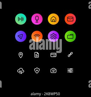 Huge Set of Social Media Icons. User Interface Buttons in Minimalistic Colorful Design on Black Background. Internet Connection, Settings, Geolocation, Message and etc. Web Element for Mobile App. Vector illustration Stock Vector