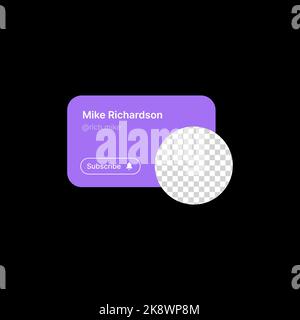 User Profile Banner Illustration. Social Media UI Concept. Editable Name and Nickname. Empty Circle for Adding Profile Icon with Subscribe Button on Purple Gradient Background. Web Element for Mobile Application. Vector illustration Stock Vector