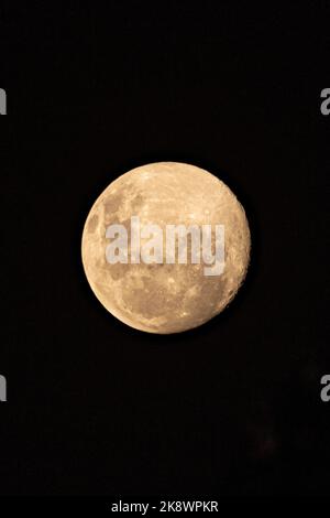 A close up shot of the earths moon with craters visible and different tones and darkness with black sky background. Stock Photo