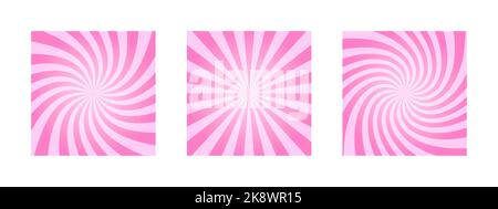 Pink circus, carnival or festival backgrounds. Rosy sunset, twisted stipes, pinwheel pattern. Strawberry bubble gum, sweet lollipop candy, ice cream texture. Clipping mask. Vector cartoon illustration Stock Vector