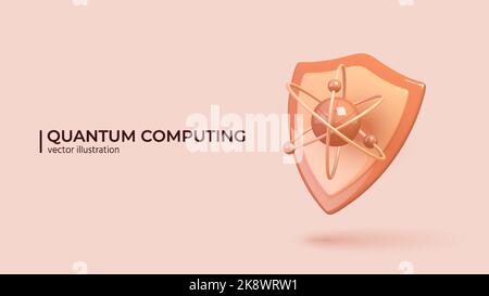 Quantum Computing - Concept. Realistic 3D design of atom and shield icon. Qubit, cryptography, security. Realistic 3d cartoon minimalistic style. Vector illustration Stock Vector