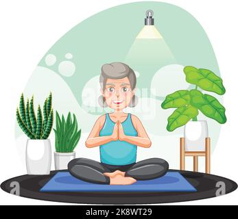 Senior woman doing yoga illustration Stock Vector