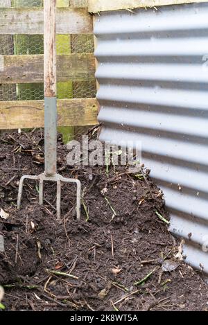 A garden fork standing in a home made compost heap with turned fresh compost humus nearly ready for use in Sydney Australia Stock Photo
