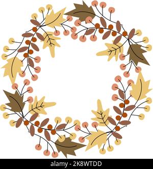 Wreath. Round frame made from autumn plants in trendy muted shades. Copyspace. Template for lettering, cards. Isolate. Vector. EPS. Design for print greetings, shirt, banner, poster, price tag, label Stock Vector