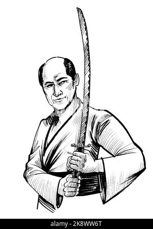 Japanese samurai with a sword. Ink black and white drawing Stock Photo
