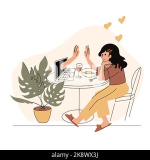 Woman Having Online Romantic Date with Laptop. Internet Dating Stock Vector