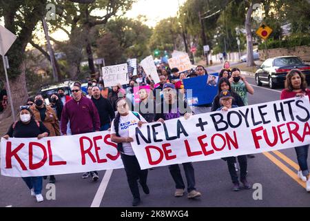 Los Angeles, USA. 24th Oct, 2022. Protestors march to the home of embattled Los Angeles city councilman Kevin de Le-n in Eagle Rock, CA on October 24, 2022. (Photo by Brian Feinzimer/Sipa USA) Credit: Sipa USA/Alamy Live News Stock Photo