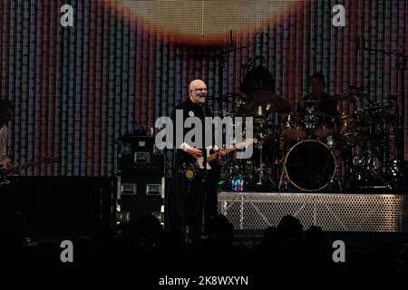 Toronto, Canada. 24/10/2022, Billy Corgan of Smashing Pumpkins performs on stage wearing dark eye makeup and a Freemason crest on his cloak Stock Photo