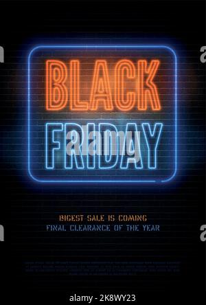 Black friday retro style discounts vector flyer template. Seasonal sale red blue promo banner design. Special price offer on stylized brick wall background. Neon wholesale men advert with text space. Stock Vector