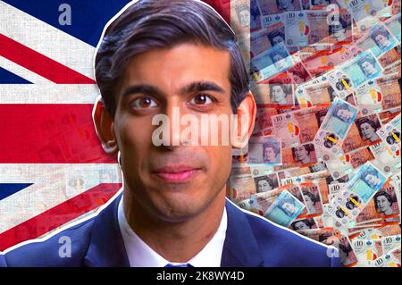 Rishi Sunak, sterling cash banknotes and UK flag Stock Photo