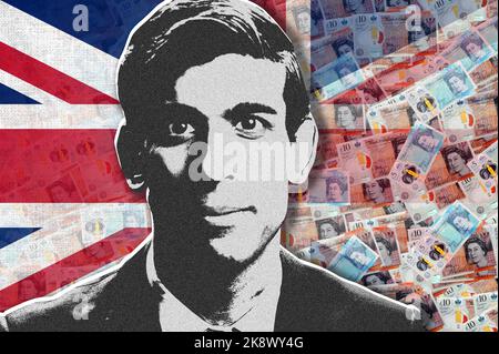 Rishi Sunak, sterling cash banknotes and UK flag Stock Photo