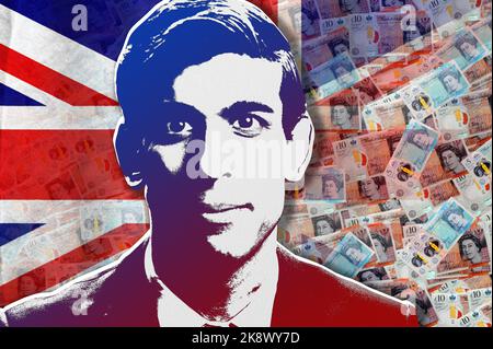 Rishi Sunak, sterling cash banknotes and UK flag Stock Photo