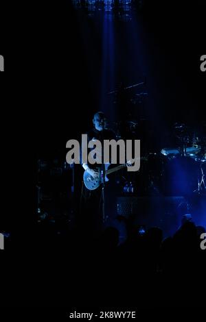 Toronto, Canada. 24/10/2022, Billy Corgan of Smashing Pumpkins performs on stage wearing dark eye makeup and a Freemason crest on his cloak Stock Photo