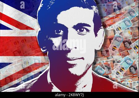 Rishi Sunak, sterling cash banknotes and UK flag Stock Photo