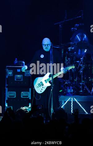 Toronto, Canada. 24/10/2022, Billy Corgan of Smashing Pumpkins performs on stage wearing dark eye makeup and a Freemason crest on his cloak Stock Photo